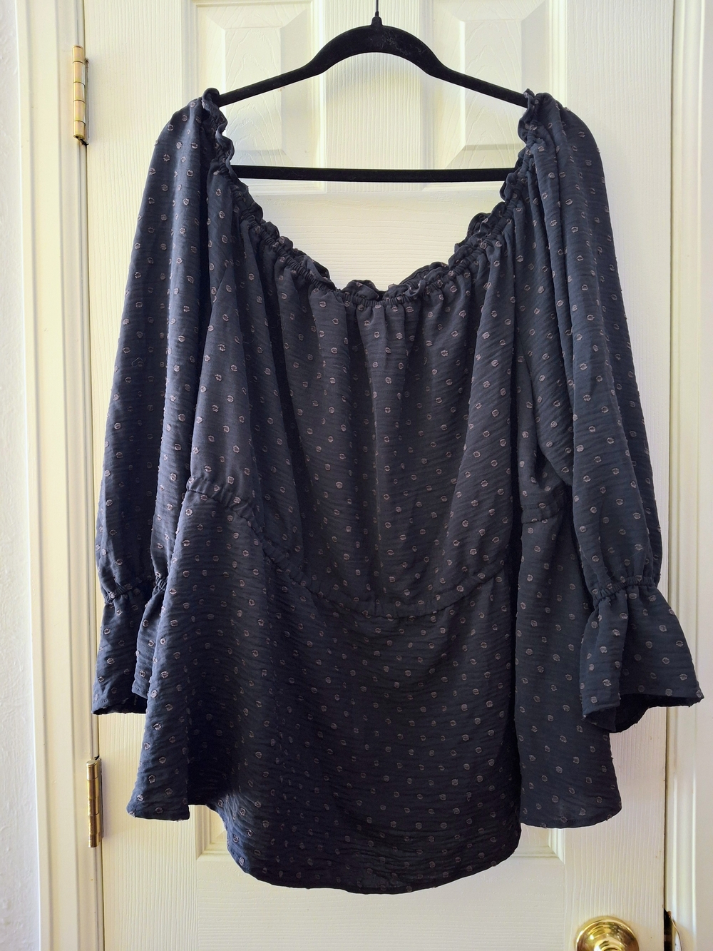 NWT Lane Bryant Navy Off-Shoulder Peasant Blouse with Swiss Dot Motif